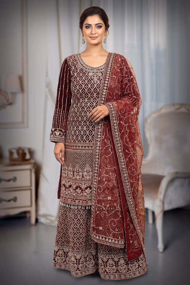Wine Maroon Heavy Embroidered Bridal Lehenga with Dupatta — back view, rent in Coimbatore