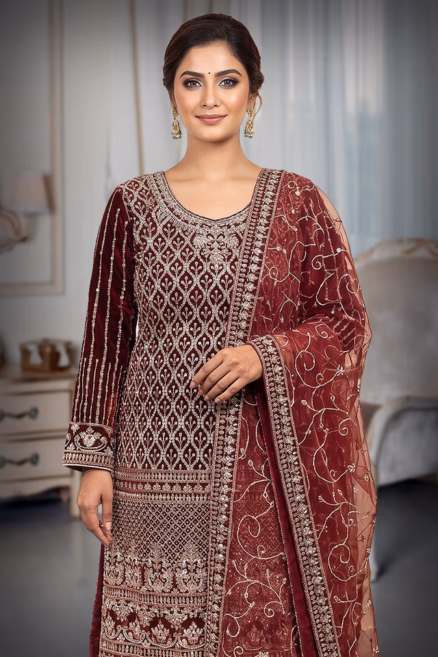 Wine Maroon Heavy Embroidered Bridal Lehenga with Dupatta — rent in Coimbatore