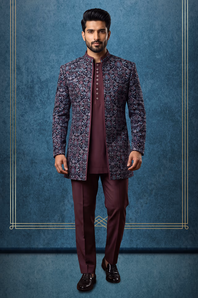 Wine Multicolour Floral Indo-Western Suit with Formal Pants and Open Jacket — rent in Bangalore