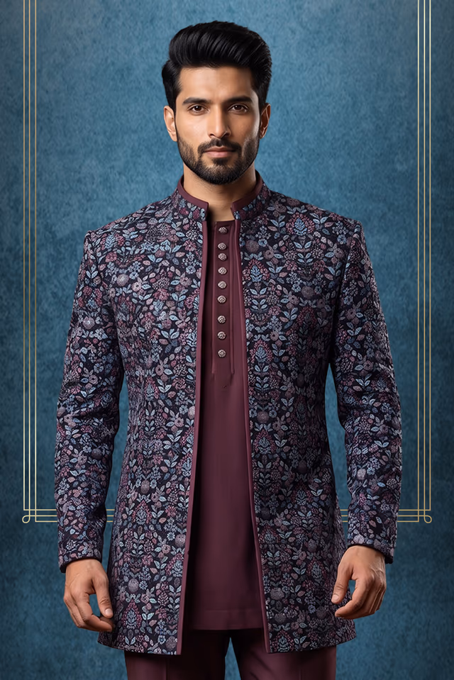 Wine Multicolour Floral Indo-Western Suit with Formal Pants and Open Jacket — back view, rent in Bangalore