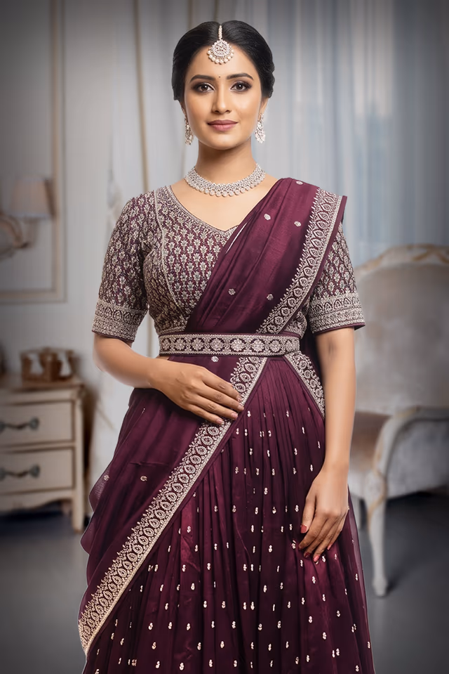 Wine Purple Pre Wedding Lehenga With Golden Threadwork Details — rent in Kochi