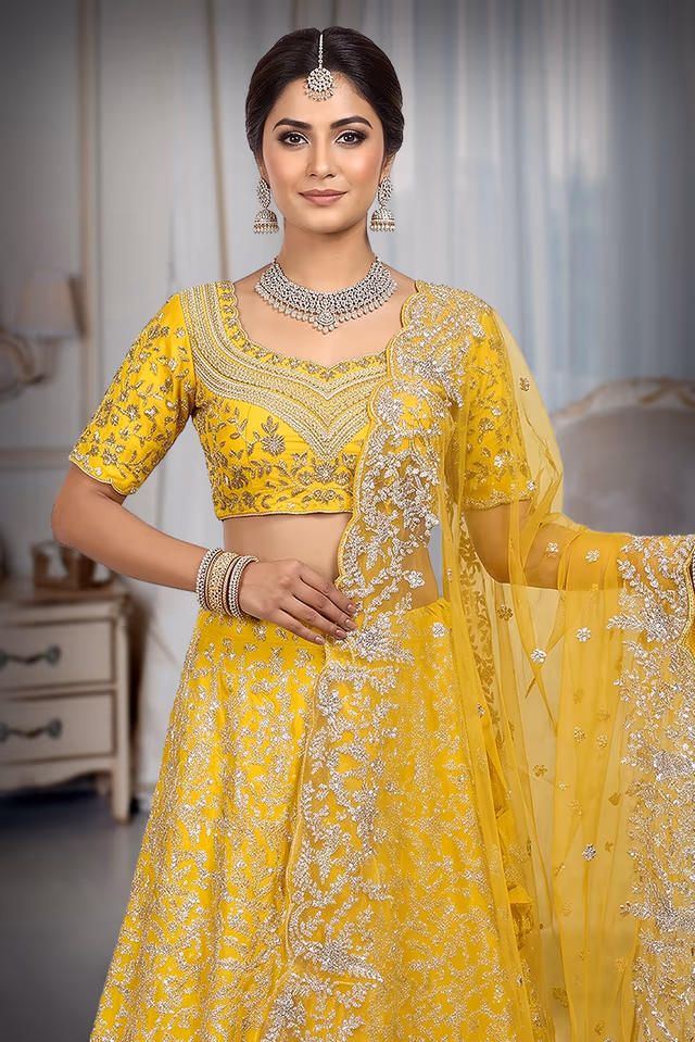 Yellow Colour Jalpari Silk Lehenga — rent in Coimbatore