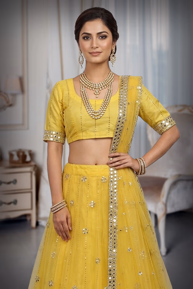 Yellow Net Multi Thread Sequins Work Lehenga With Same Colour Blouse Dupatta — rent in Coimbatore