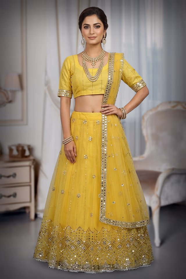 Yellow Net Multi Thread Sequins Work Lehenga With Same Colour Blouse Dupatta — back view, rent in Coimbatore